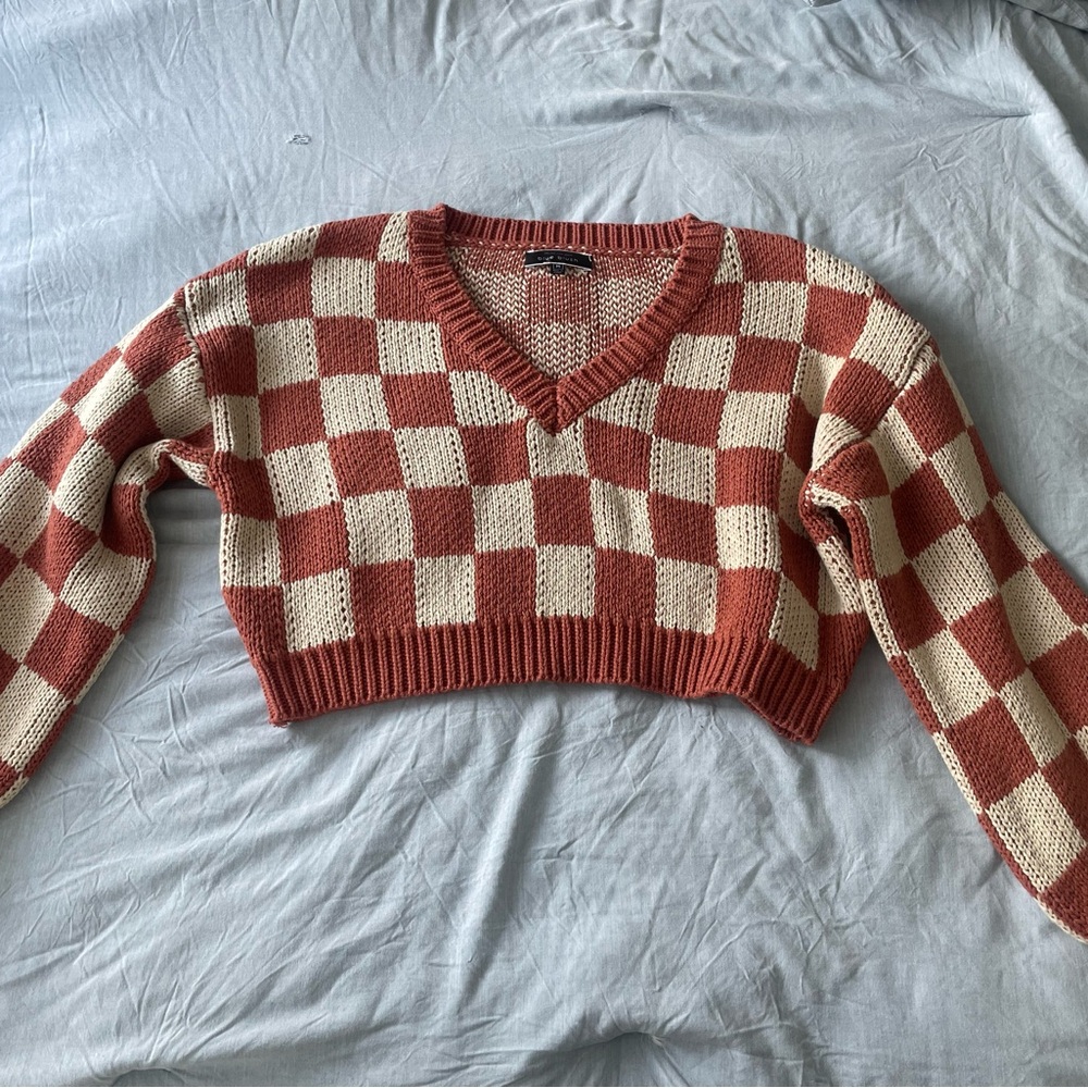 Checkered Knit Sweater - Red and Cream
